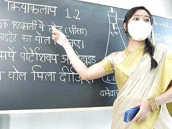 Saanvi Bahl instructs her Indian student Virgin Educator how to plumb her fuckbox with her ample boobies