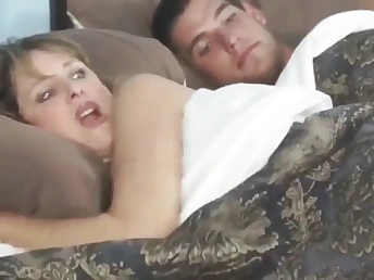 Stepmother and Couch share a big cock while sharing bed with son-in-law