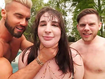 Yam-sized-jugged black-haired Paige Steele gets a hard-core three way in lingerie & dumps not far from