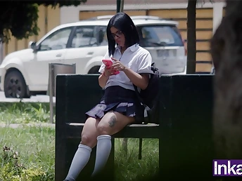Immense-arsed Latina schoolgirl with tats boinked away from stranger's building in Catch on VIEW