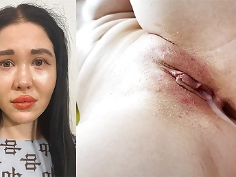 Bashful dark-hued-haired teen teenager gets her taut fuckholes depopulate rock-hard until she's soaked close to jism on the couch